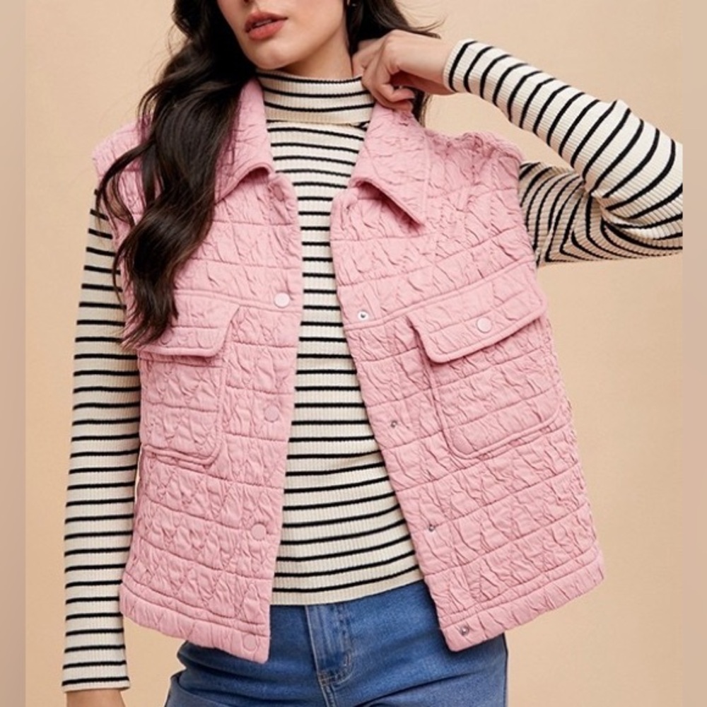 NWT Annie Wear Pink Boulder Quilted Textured Snap Button Sleeveless Vest